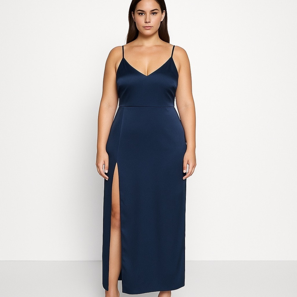 LEXI Satin Formal Slit Side Blue Akasa Maxi Dress Size 8